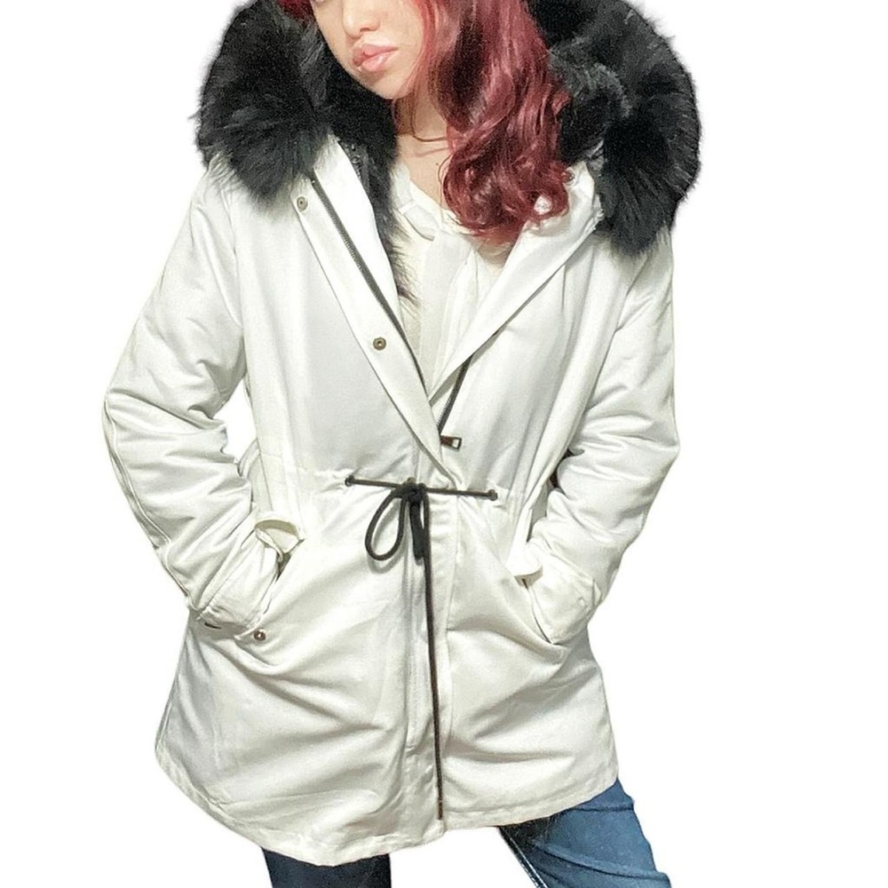 Women's White Parka with Black Fur Trim